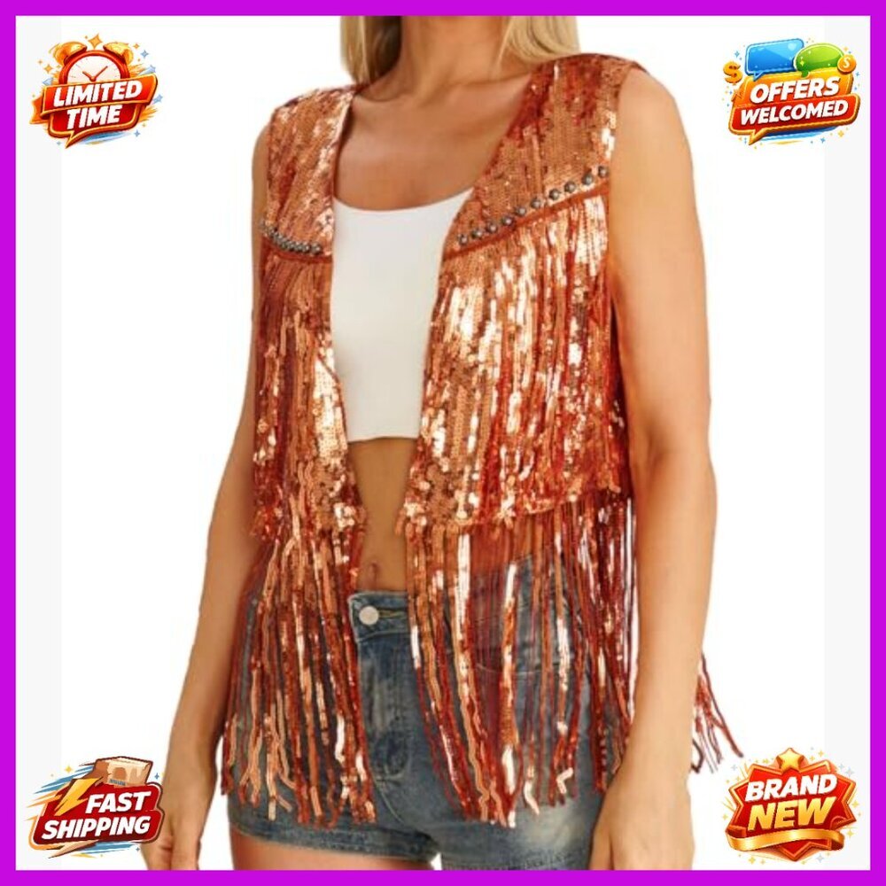 Small Sequin Fringe Vest Sleeveless Western Costume Jacket Party Wear - Picture 2 of 6